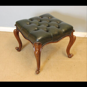 Antique Victorian Walnut Cabriole Leg Buttoned Leather Stool