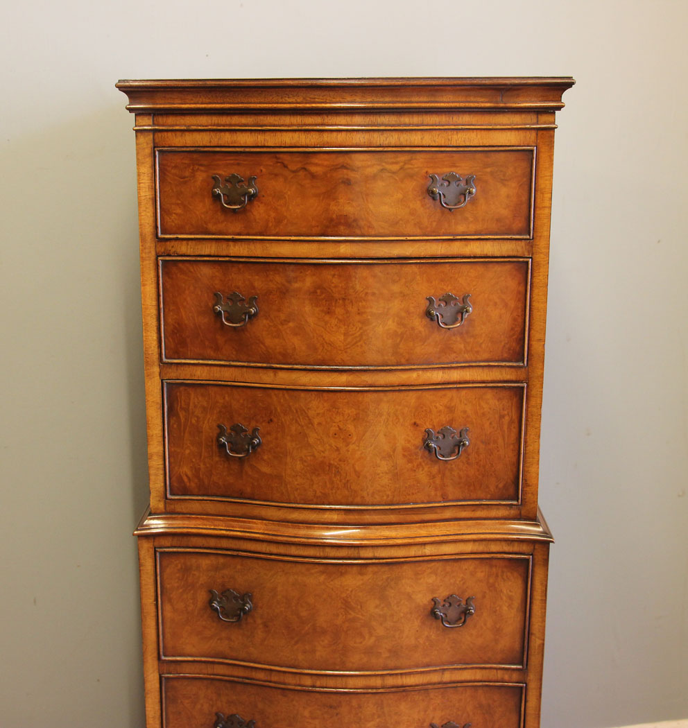 12411r4 Burr Walnut Tallboy Chest on Chest Drawers, Burr Walnut Tallboy Chest on Chest of Drawers