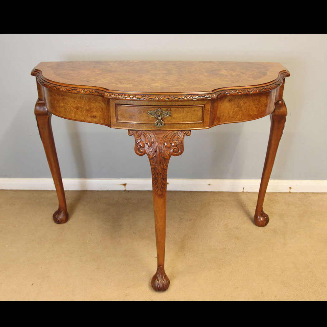 12416r01 Antique Burr Walnut Console Side Table, Antique Burr Walnut Console Side Table