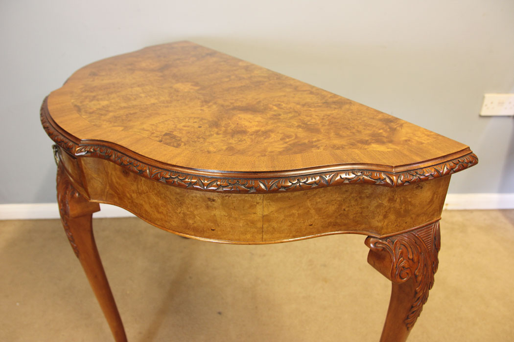 12416r8 Antique Burr Walnut Console Side Table, Antique Burr Walnut Console Side Table
