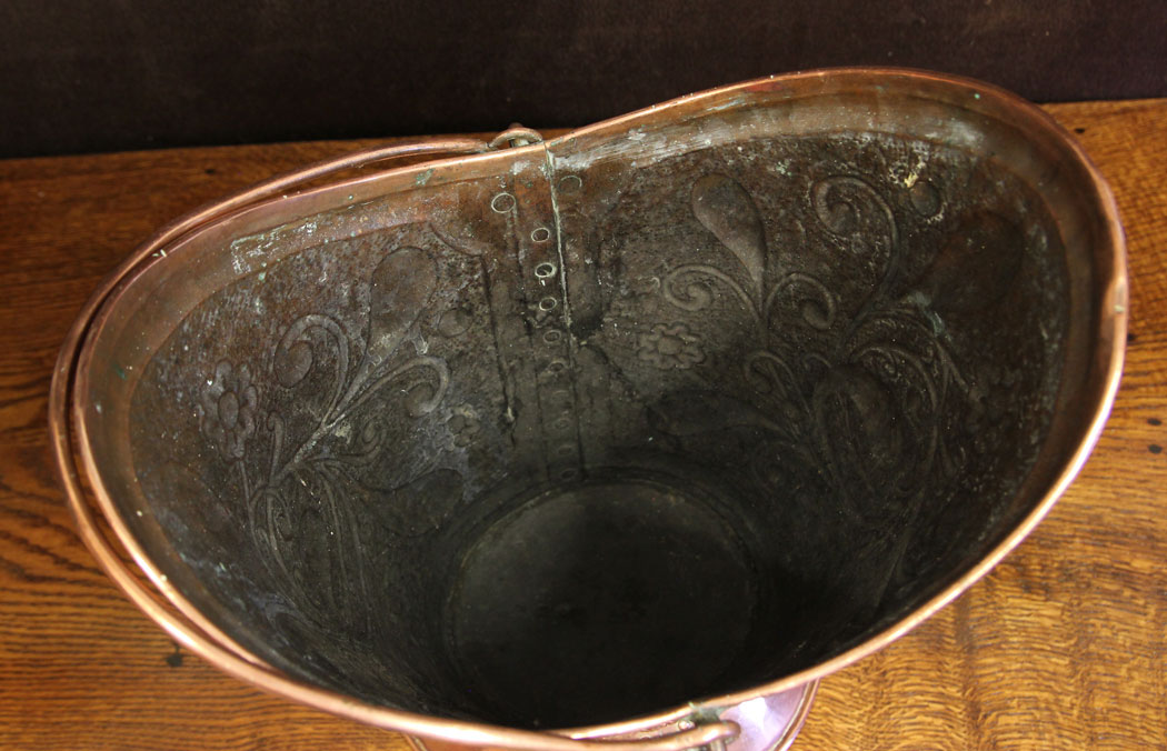 12428r8 Antique Copper Coal Scuttle Bucket. Antique Embossed Copper Coal Scuttle Bucket.