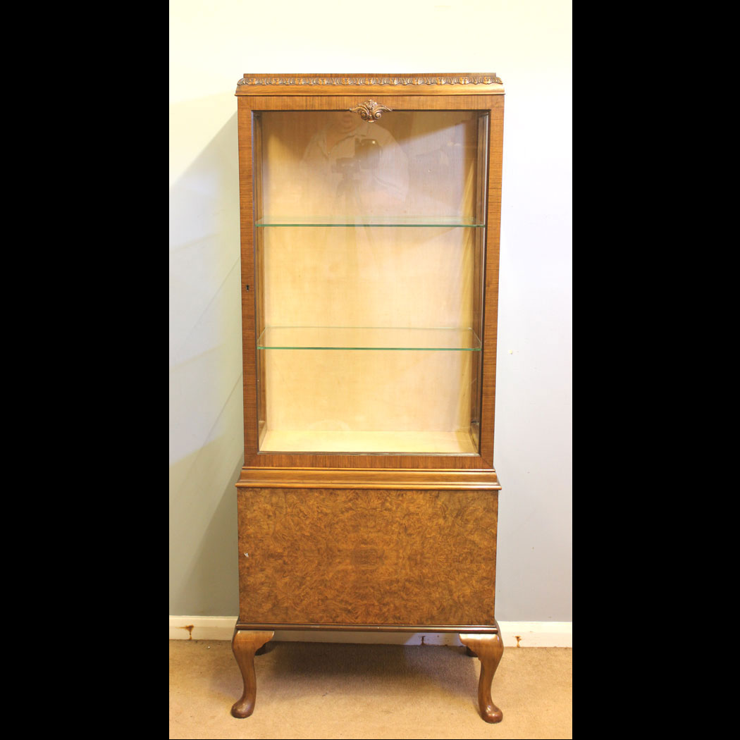 12431r01 Antique Burr Walnut China Display Cabinet, Antique Burr Walnut China Display Cabinet