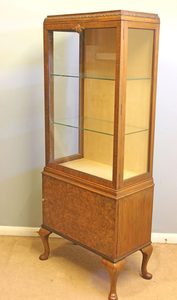 12431r2 Antique Burr Walnut China Display Cabinet, Antique Burr Walnut China Display Cabinet