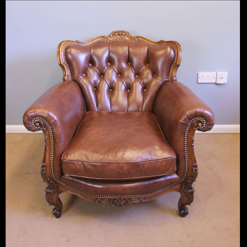 12027r01-Antique-Leather-Armchair,- Superb Buttoned Leather Armchair