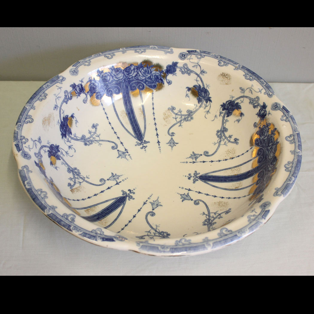 12443r01 Antique Large Blue and Gold Wash Bowl, Antique Large Blue and Gold Wash Bowl