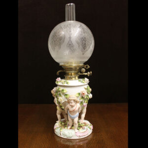 Antique Porcelain Table Oil Lamp and Shade