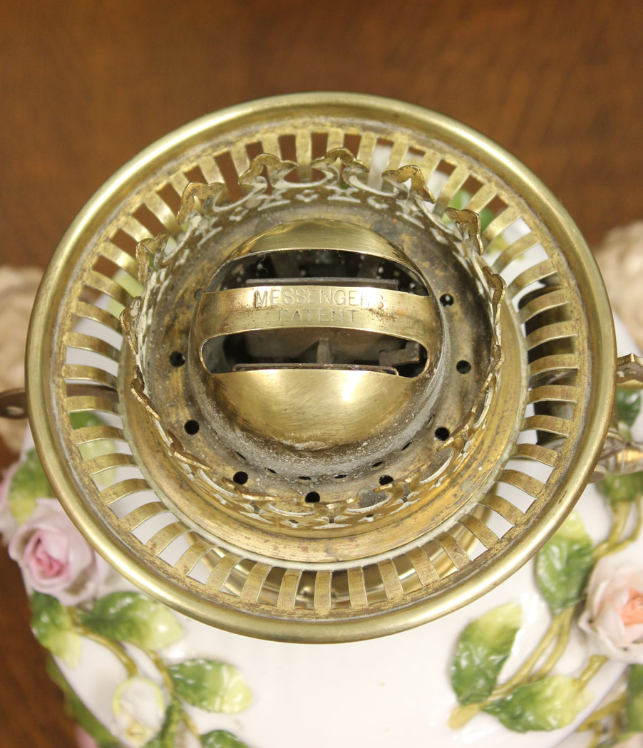 12446r14 Antique Porcelain Table Oil Lamp, Antique Porcelain Table Oil Lamp and Shade