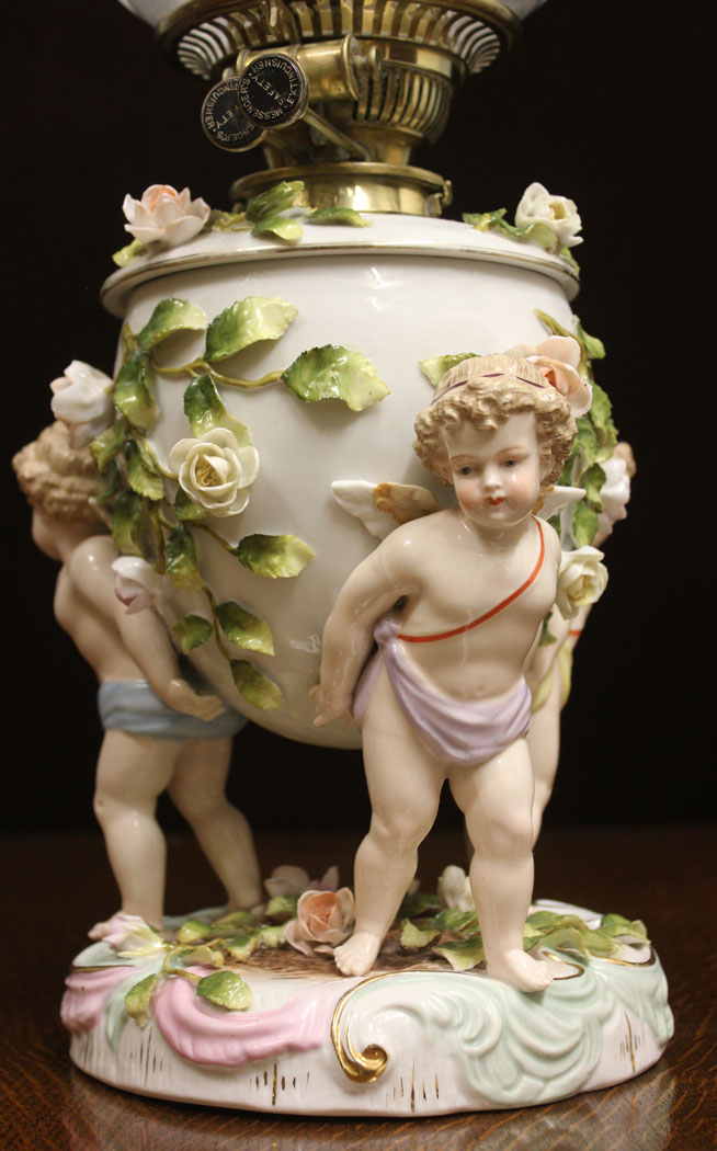 12446r3 Antique Porcelain Table Oil Lamp, Antique Porcelain Table Oil Lamp and Shade