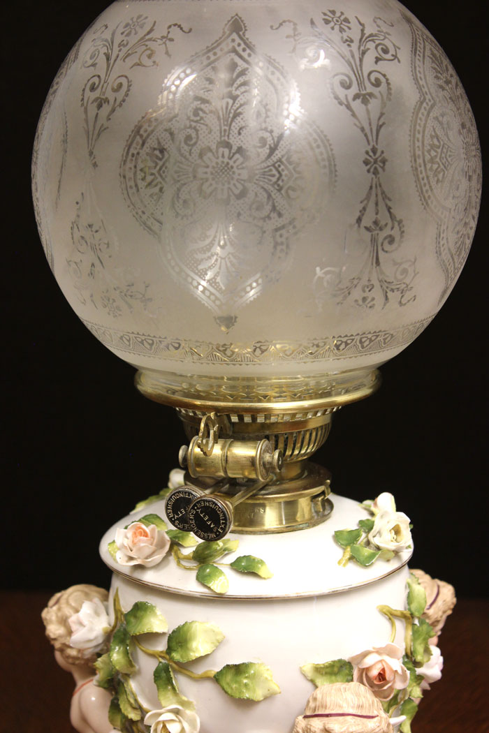 12446r6 Antique Porcelain Table Oil Lamp, Antique Porcelain Table Oil Lamp and Shade