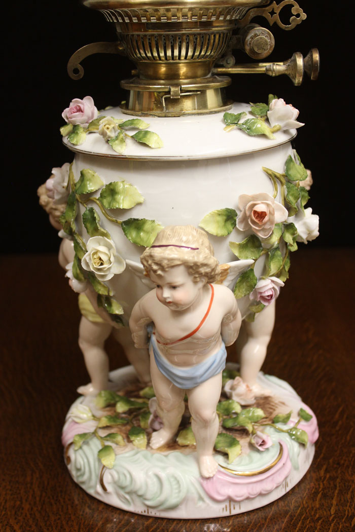 12446r8 Antique Porcelain Table Oil Lamp, Antique Porcelain Table Oil Lamp and Shade