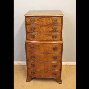 Small Burr Walnut Bow Front Chest on Chest of Drawers