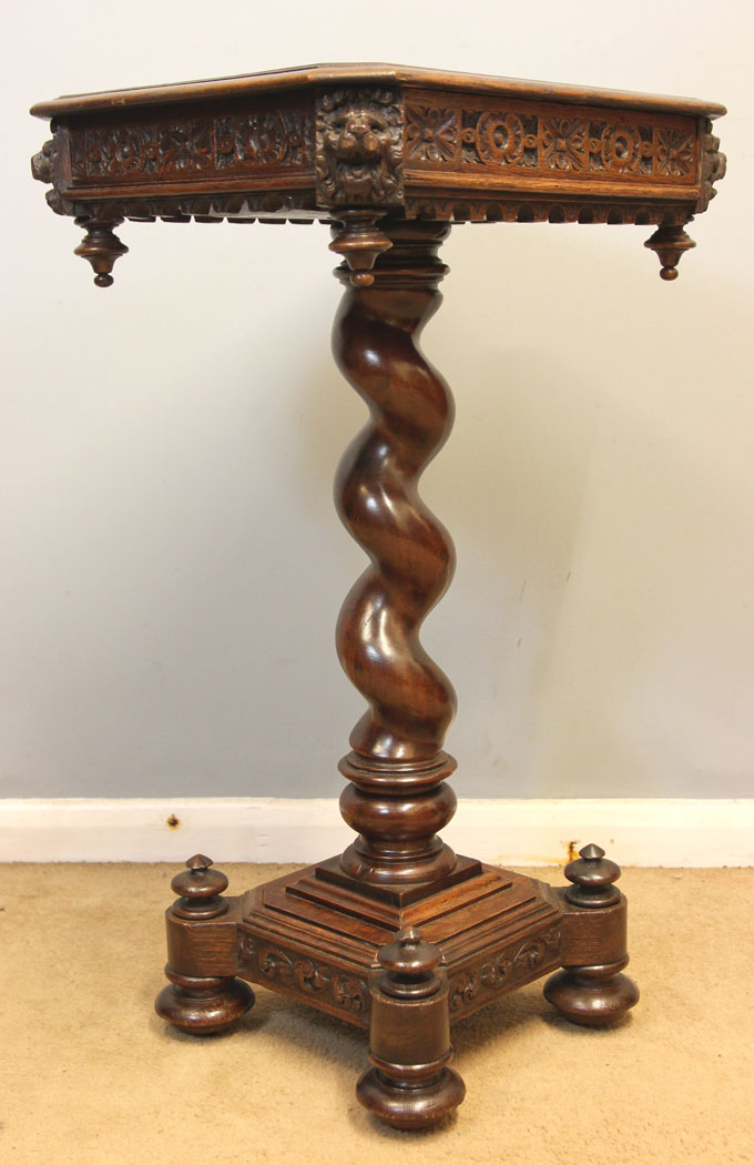 12463r2 Antique Carved Oak Side Table, Antique Carved Oak Wine Occasional Side Table