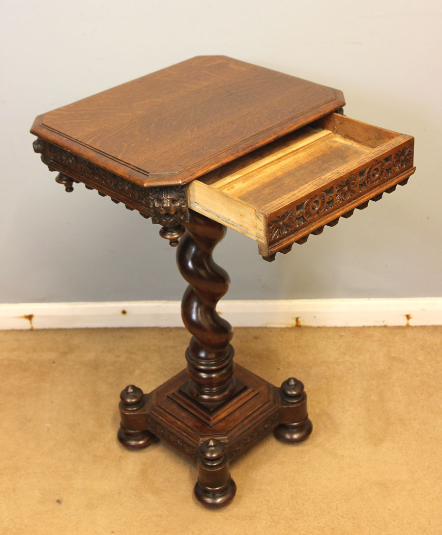 12463r6 Antique Carved Oak Side Table, Antique Carved Oak Wine Occasional Side Table