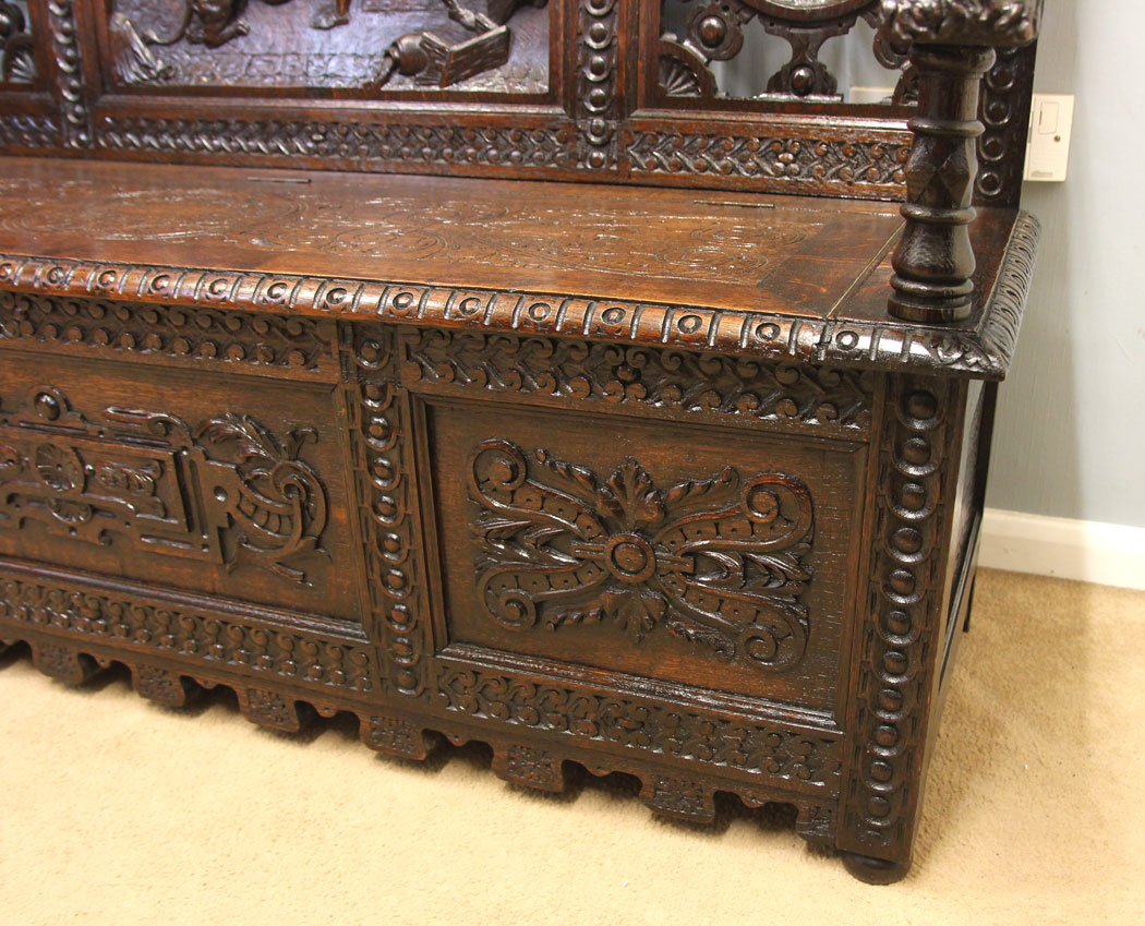 12472r9 Antique Carved Oak Settle, Hall Seat, Victorian Carved Oak Settle / Monks Bench / Hall Seat
