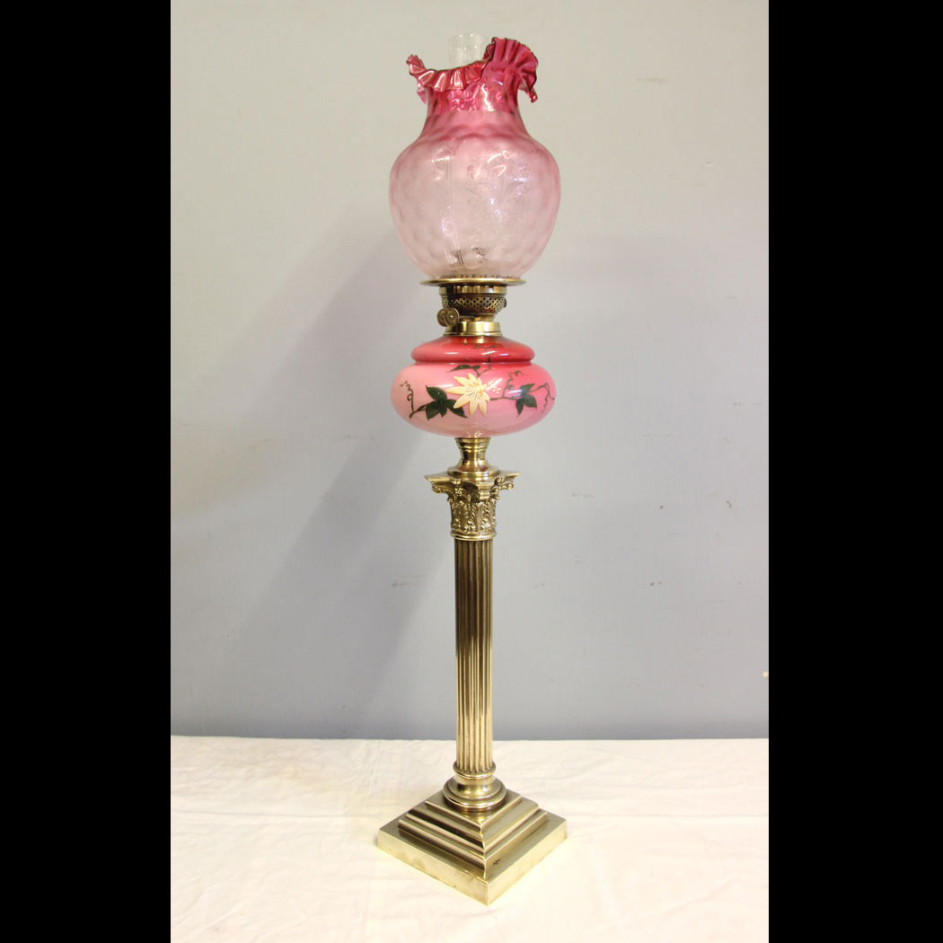 12478r01 Antique Corinthian Column Pink and Cranberry Glass Oil Lamp, Antique Victorian Tall Pink and Cranberry Glass Oil Lamp