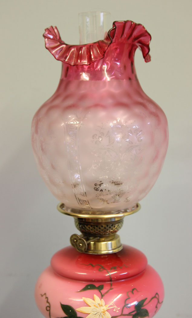 12478r02 Antique Corinthian Column Pink and Cranberry Glass Oil Lamp, Antique Victorian Tall Pink and Cranberry Glass Oil Lamp