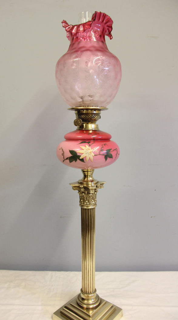 12478r04 Antique Corinthian Column Pink and Cranberry Glass Oil Lamp, Antique Victorian Tall Pink and Cranberry Glass Oil Lamp