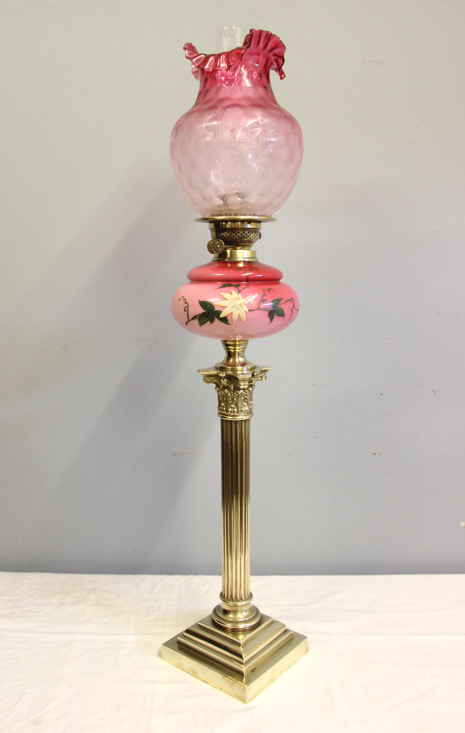 12478r1 Antique Corinthian Column Pink and Cranberry Glass Oil Lamp, Antique Victorian Tall Pink and Cranberry Glass Oil Lamp
