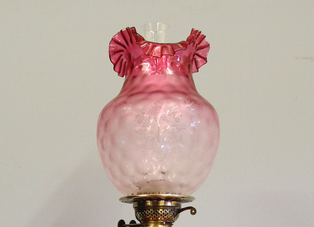 12478r10 Victorian Corinthian Column Pink and Cranberry Glass Oil Lamp, Antique Victorian Tall Pink and Cranberry Glass Oil Lamp