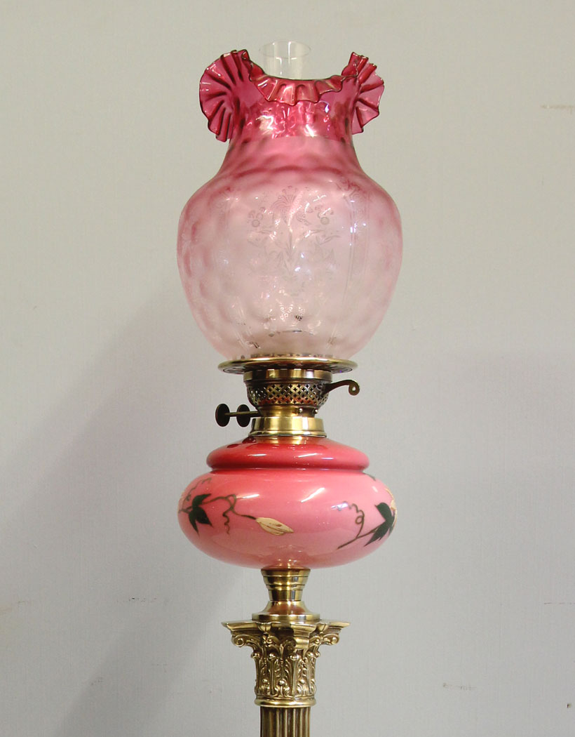 12478r11 Victorian Corinthian Column Pink and Cranberry Glass Oil Lamp, Antique Victorian Tall Pink and Cranberry Glass Oil Lamp