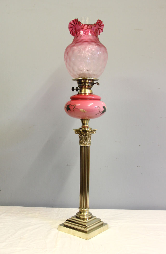 12478r12 Victorian Corinthian Column Pink and Cranberry Glass Oil Lamp, Antique Victorian Tall Pink and Cranberry Glass Oil Lamp