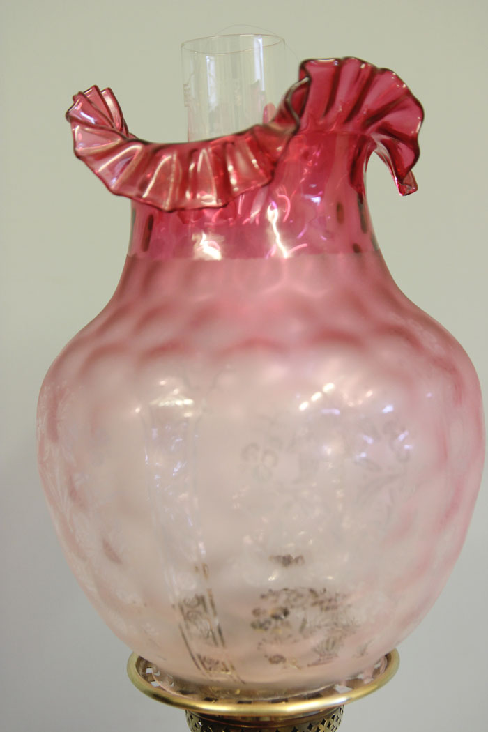 12478r2 Antique Corinthian Column Pink and Cranberry Glass Oil Lamp, Antique Victorian Tall Pink and Cranberry Glass Oil Lamp