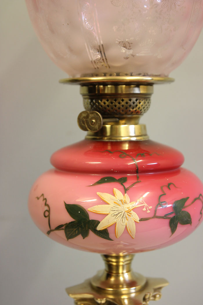 12478r3 Antique Corinthian Column Pink and Cranberry Glass Oil Lamp, Antique Victorian Tall Pink and Cranberry Glass Oil Lamp