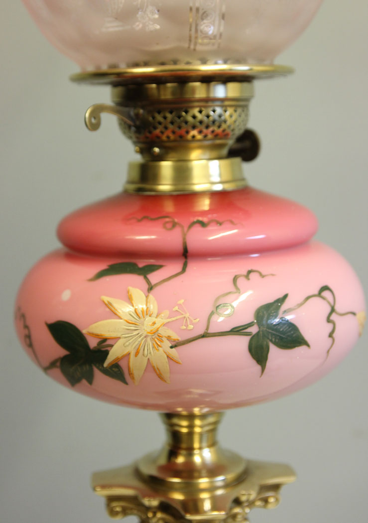 12478r4 Antique Corinthian Column Pink and Cranberry Glass Oil Lamp, Antique Victorian Tall Pink and Cranberry Glass Oil Lamp