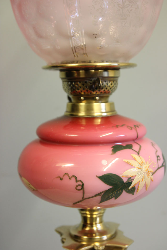 12478r5 Antique Corinthian Column Pink and Cranberry Glass Oil Lamp, Antique Victorian Tall Pink and Cranberry Glass Oil Lamp