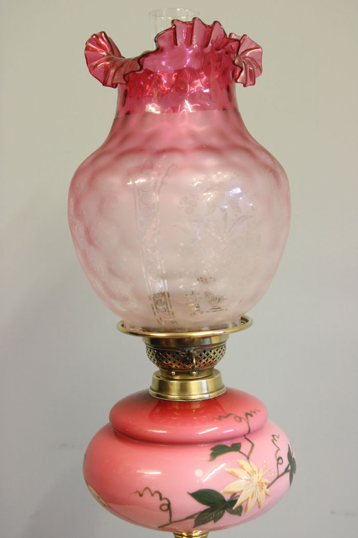 12478r6 Antique Corinthian Column Pink and Cranberry Glass Oil Lamp, Antique Victorian Tall Pink and Cranberry Glass Oil Lamp