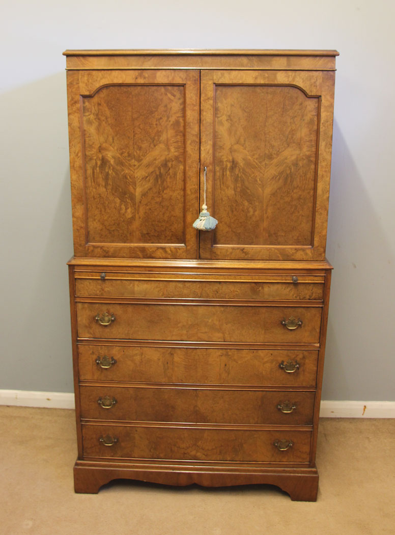 12495r1 Burr Walnut Tallboy Chest Drawers, Drinks Cabinet, Burr Walnut Tallboy Chest Drawers, Drinks Cabinet