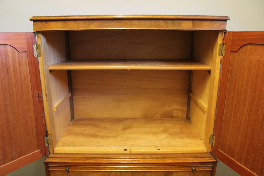 12495r9 Burr Walnut Tallboy Chest Drawers, Drinks Cabinet, Burr Walnut Tallboy Chest Drawers, Drinks Cabinet