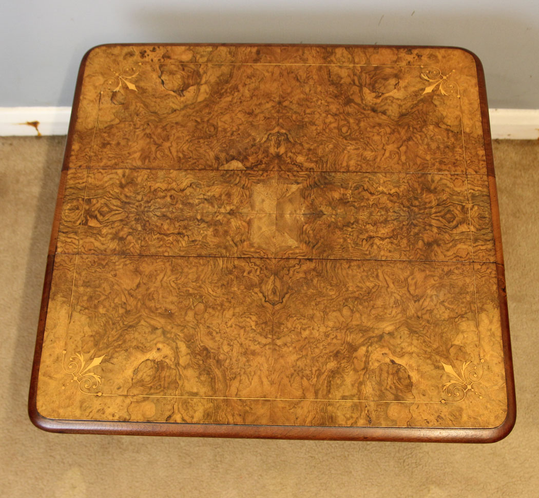 12500r10 Antique Low Burr Walnut Occasional Drop Leaf Sutherland Table, Antique Low Burr Walnut Occasional Sutherland Table