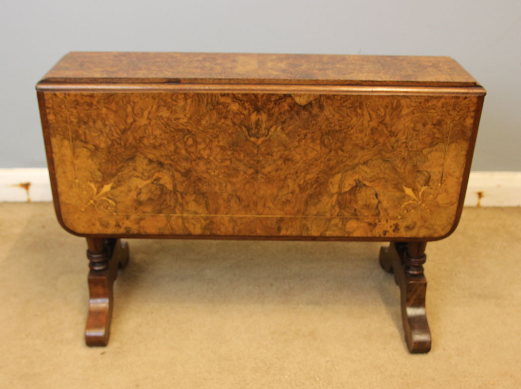 12500r12 Antique Low Burr Walnut Occasional Drop Leaf Sutherland Table, Antique Low Burr Walnut Occasional Sutherland Table