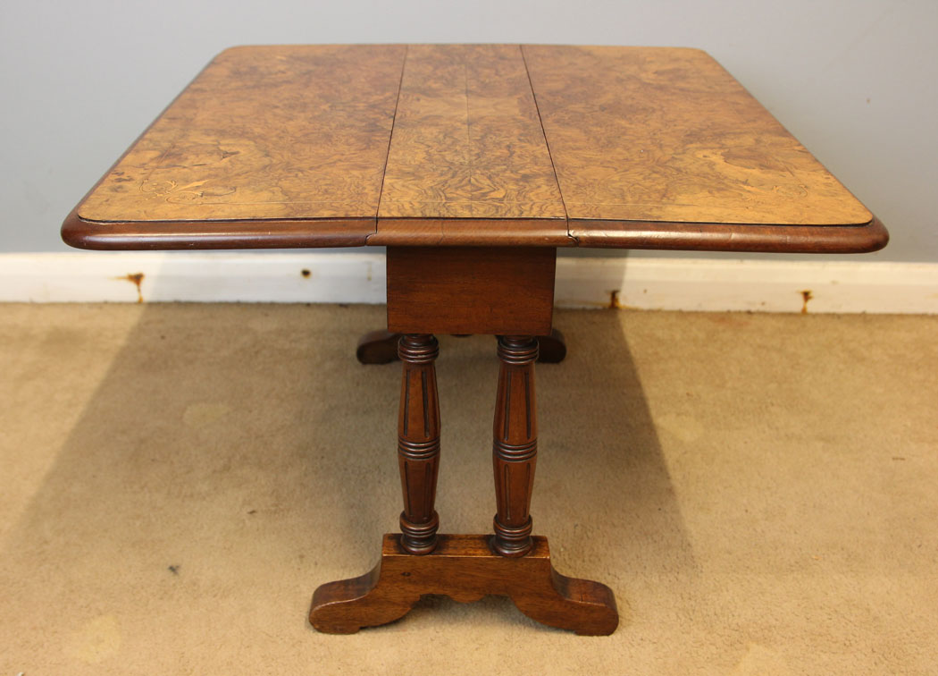 12500r5 Antique Low Burr Walnut Occasional Drop Leaf Sutherland Table, Antique Low Burr Walnut Occasional Sutherland Table