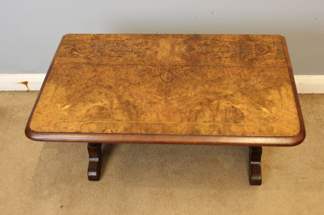 12500r7 Antique Low Burr Walnut Occasional Drop Leaf Sutherland Table, Antique Low Burr Walnut Occasional Sutherland Table