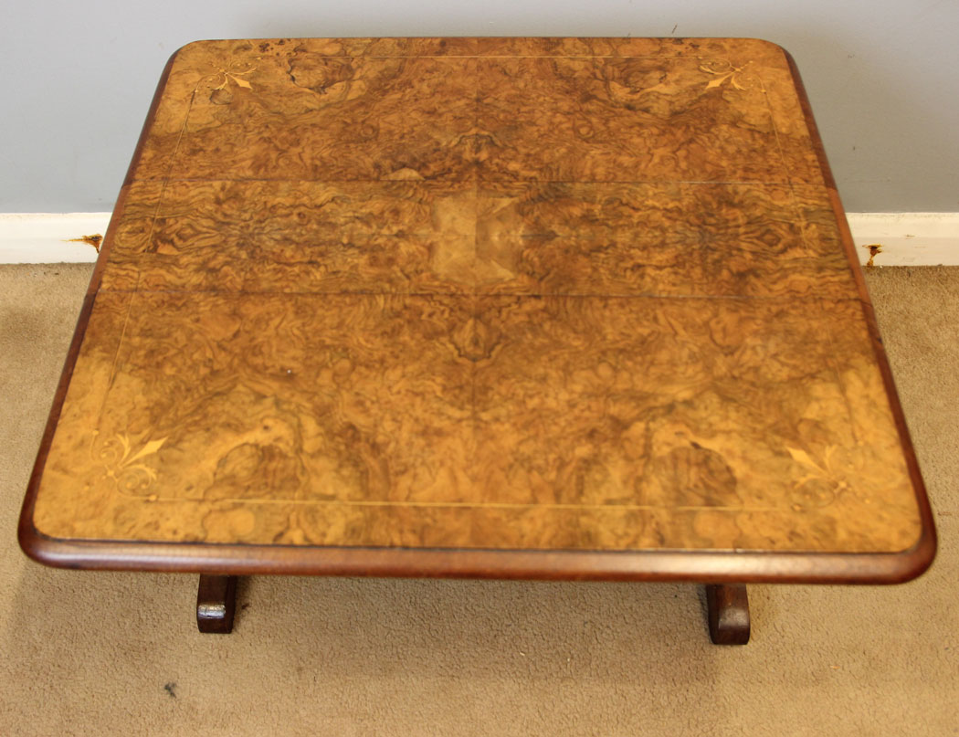 12500r9 Antique Low Burr Walnut Occasional Drop Leaf Sutherland Table, Antique Low Burr Walnut Occasional Sutherland Table