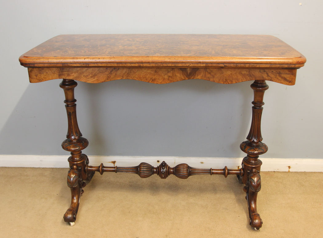 12506r1 Antique Victorian Burr Walnut Side Card Table, Antique Victorian Burr Walnut Side Card Table,