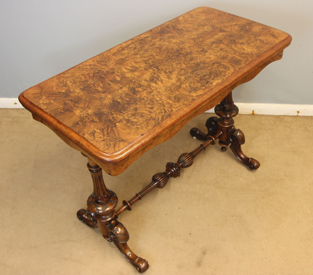 12506r2 Antique Victorian Burr Walnut Side Card Table, Antique Victorian Burr Walnut Side Card Table,