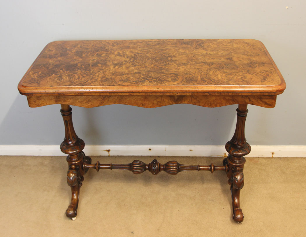 12506r3 Antique Victorian Burr Walnut Side Card Console Table, Antique Victorian Burr Walnut Side Card Table,