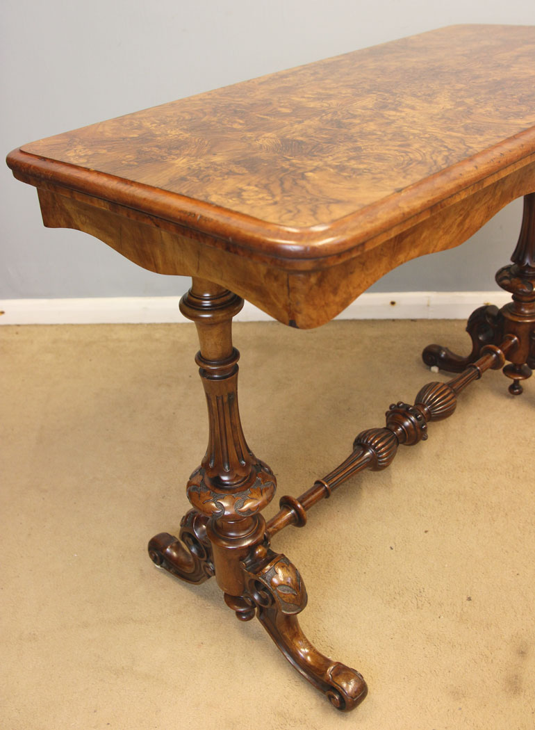 12506r4 Antique Victorian Burr Walnut Side Card Console Table, Antique Victorian Burr Walnut Side Card Table,