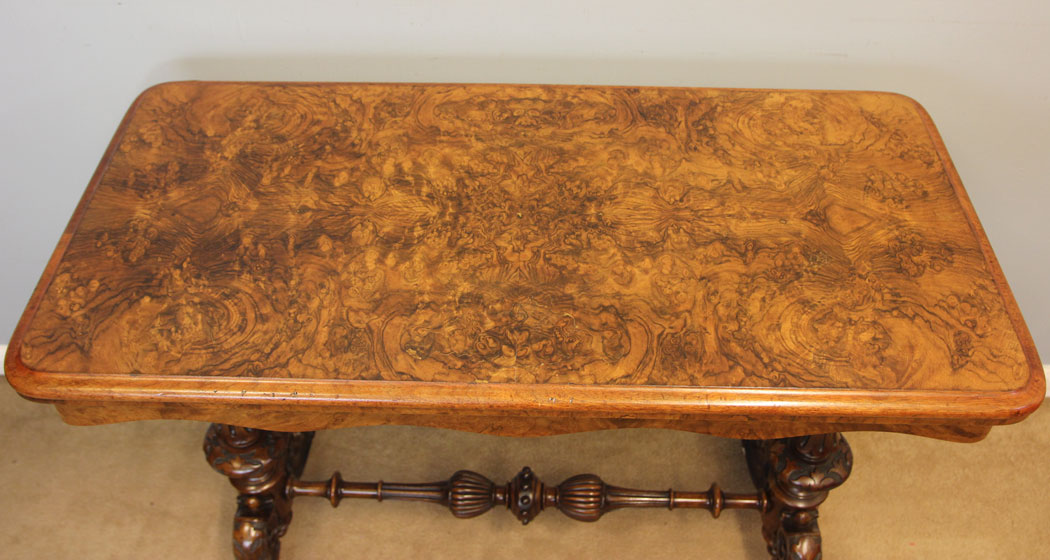 12506r5 Antique Victorian Burr Walnut Side Card Console Table, Antique Victorian Burr Walnut Side Card Table,