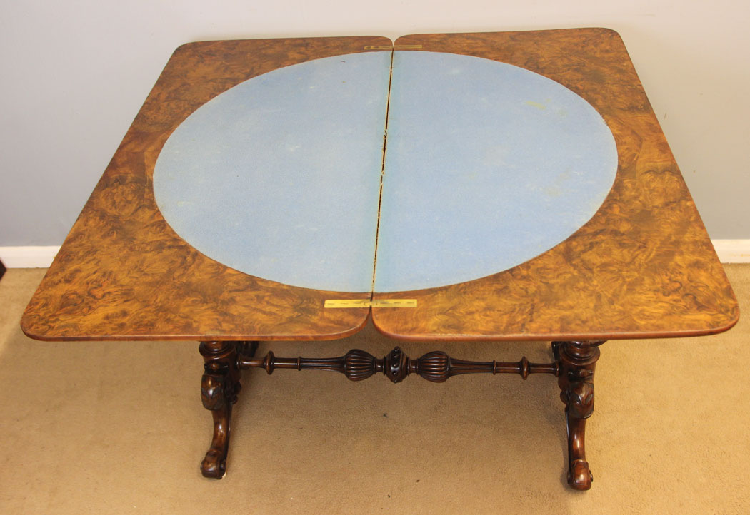 12506r7 Antique Victorian Burr Walnut Side Games Table, Antique Victorian Burr Walnut Side Card Table,