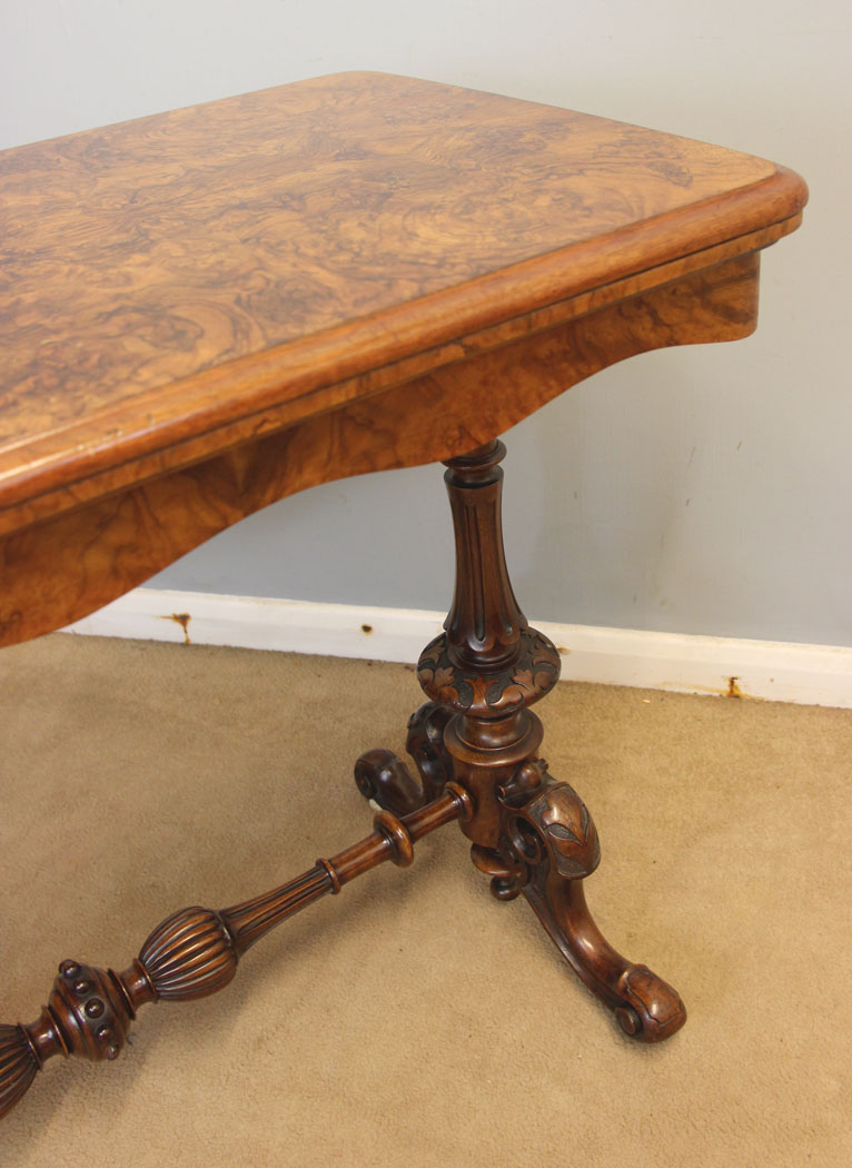 12506r9 Antique Victorian Burr Walnut Side Card Console Table, Antique Victorian Burr Walnut Side Card Table,