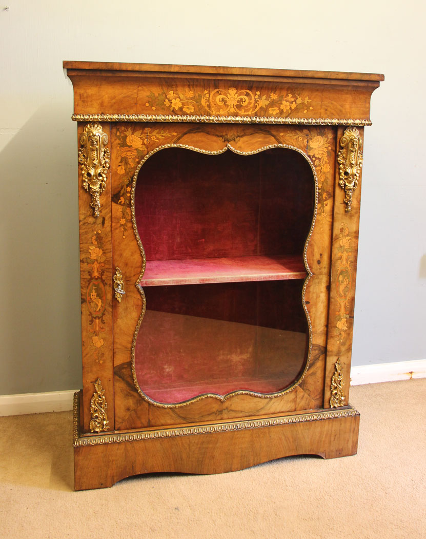 12534r03 Antique Walnut Pier Display Cabinet, Antique Victorian Walnut Marquetry Pier Display Cabinet