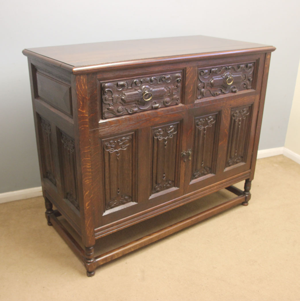 12542r2 Antique Carved Oak Side Cabinet Dresser, Antique Carved Oak Side Cabinet / Dresser