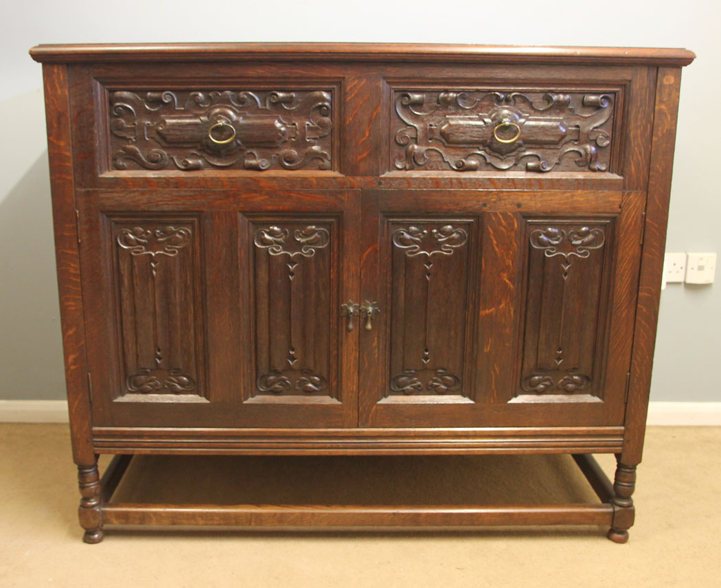 12542r7 Antique Carved Oak Side Cabinet Dresser, Antique Carved Oak Side Cabinet / Dresser