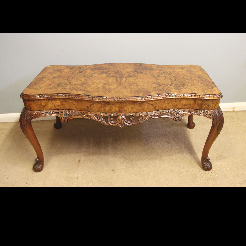 12578r01 Antique Burr Walnut Coffee Table, Antique Queen Anne Style Burr Walnut Coffee Table