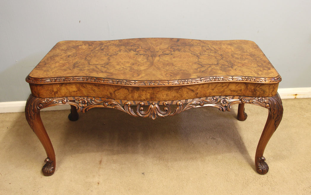 12578r1 Antique Burr Walnut Coffee Table, Antique Queen Anne Style Burr Walnut Coffee Table